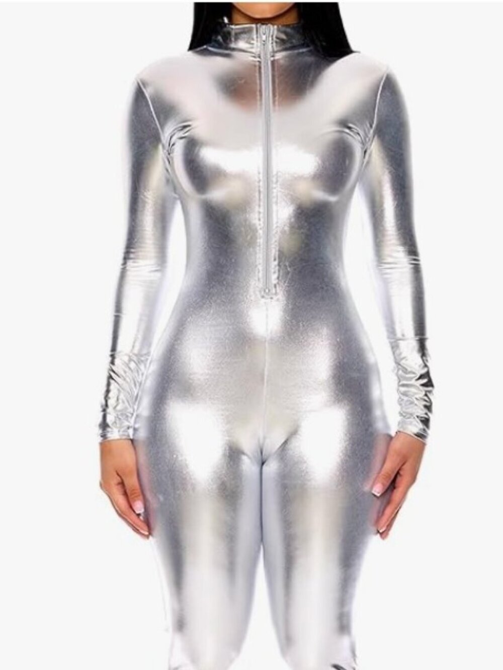 Forplay Hot Metallic Silver Zip Front Catsuit 1X/2X NWT